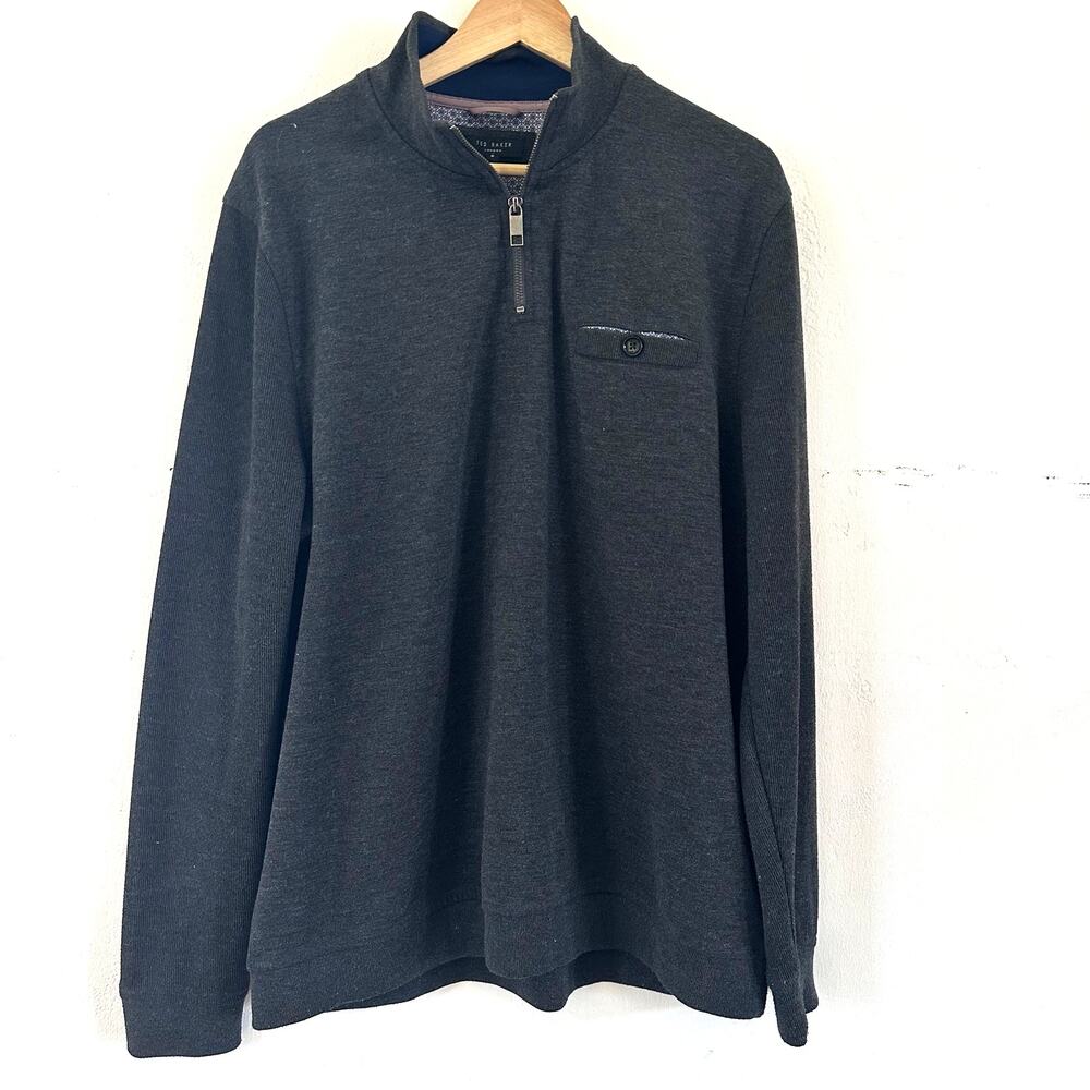 Ted Baker 1/4 Zip Long Sleeve‎ Sweater Heathered Black Ribbed Sleeves Size 6
